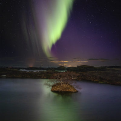 Aurore au-dessus du lac Myvatn, Islande. Photo : Sergey Merphy